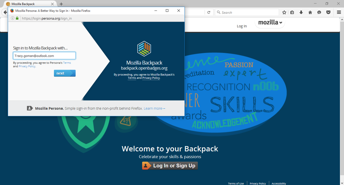 OpenBadges Backpack signup - email input